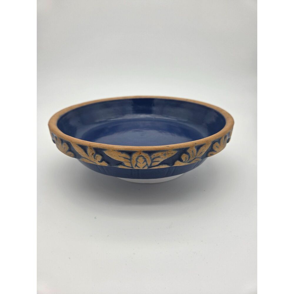 Clay City Pottery Blue Stoneware 10 Inch Pie Pan Dish Indiana Floral Leaf Vtg